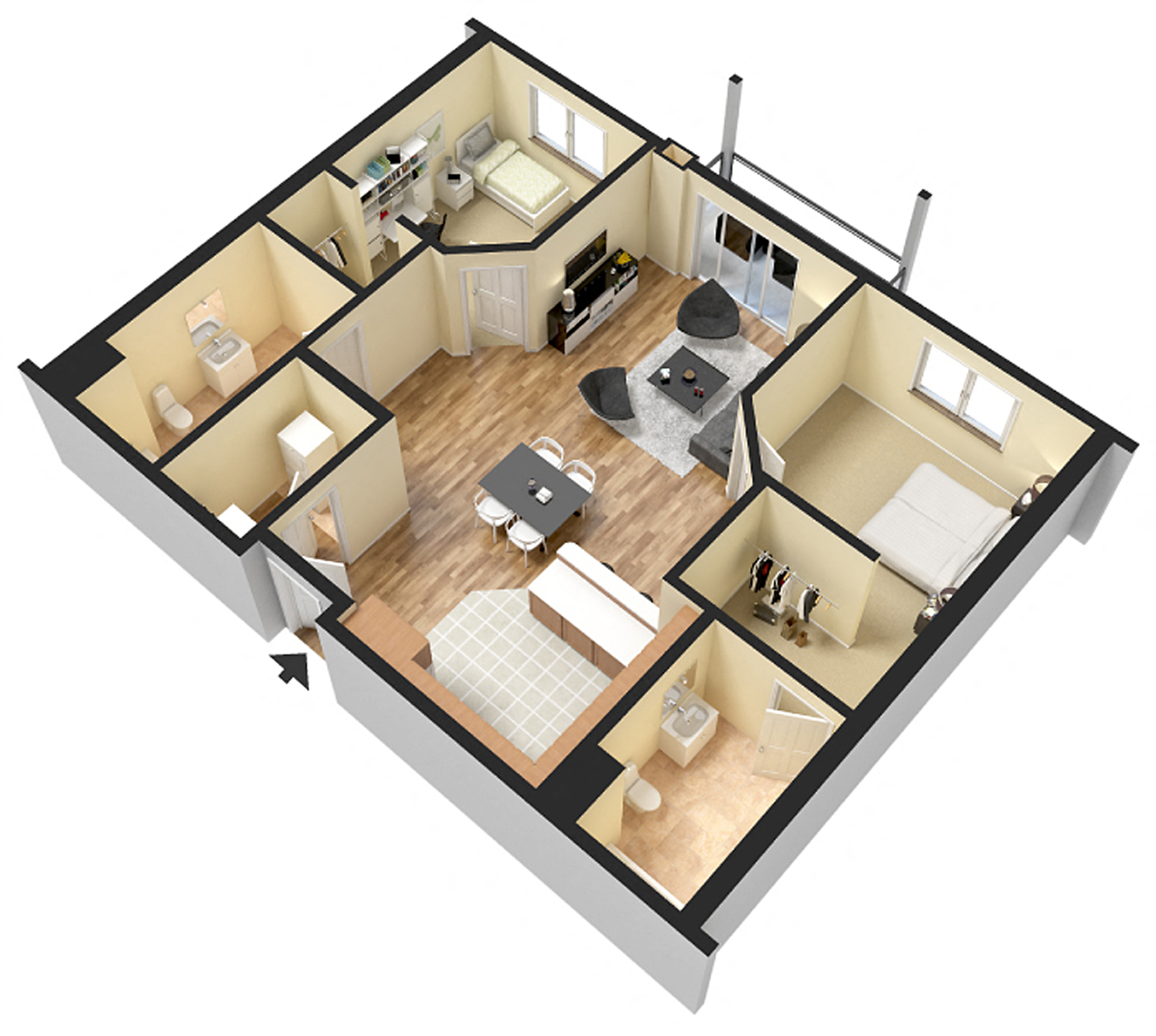 Floor plan for 2 beds, 2 baths, 1037 sqft